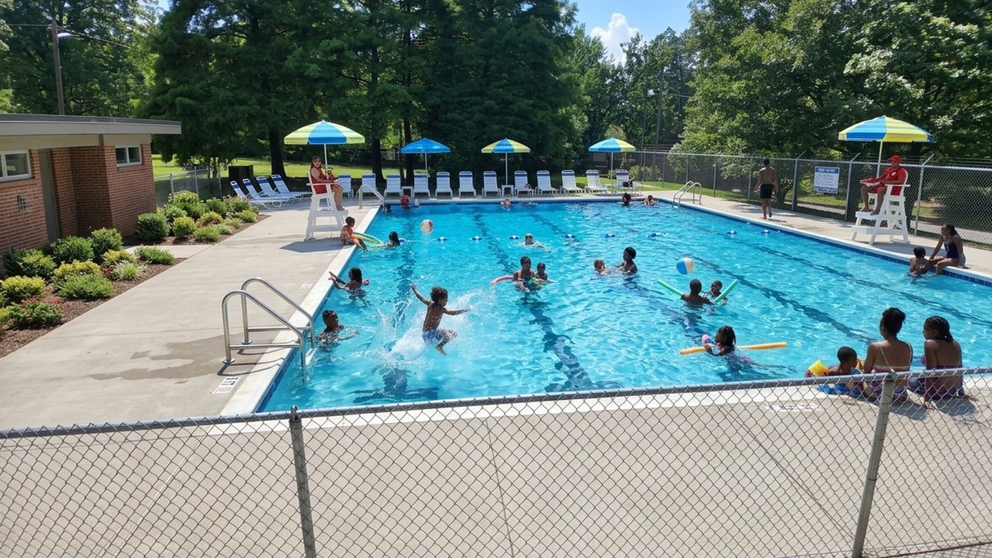 After: a closed neighborhood pool restored and full of children swimming on a summer afternoon